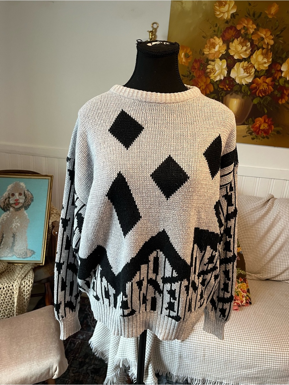 Gioni Geometric Vintage Black & Cream Knit Sweater Pullover L